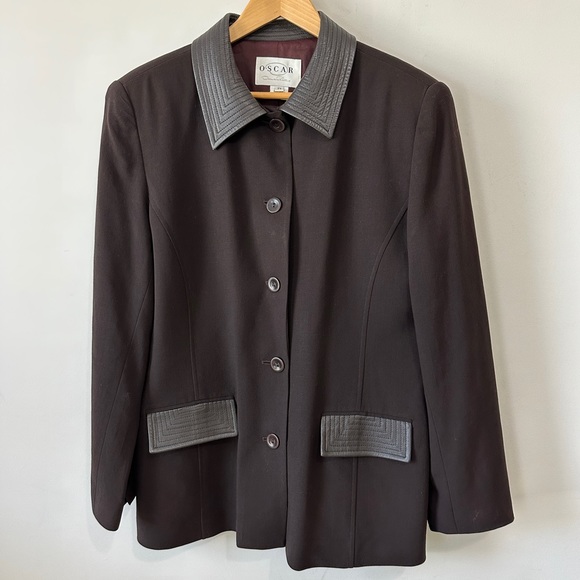 Vintage Brown Wool & Leather Contrast Blazer Jacket By Oscar De La Renta Size 14 - Picture 5 of 14